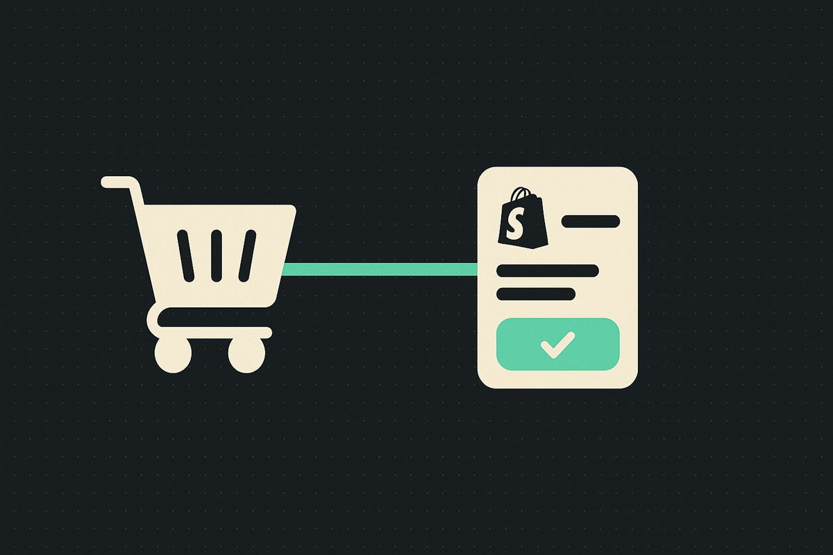 Minimalist illustration of a shopping cart connected to a checkout confirmation by a teal flow line on a dark background, representing a streamlined Shopify checkout
