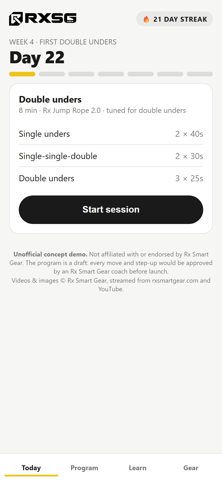 Singles to double unders demo screen
